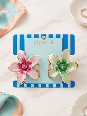 Piper K Floral Clip-On Hair Clips in Pink & Green NEW